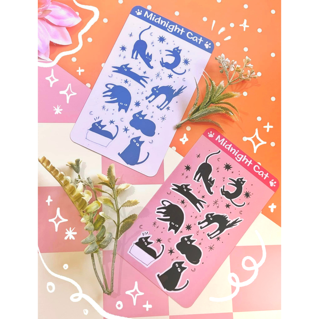 Sticker Kucing Lucu Sticker Aesthetic Kucing Hitam Dengan Bulan Bintang Variasi Pink dan Biru