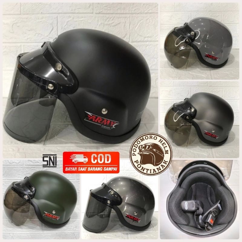 HELM HBC ARMY + KACA DATAR /KACA CEMBUNG /TANPA KACA BISA PILIH 100%ORIGINAL SNI