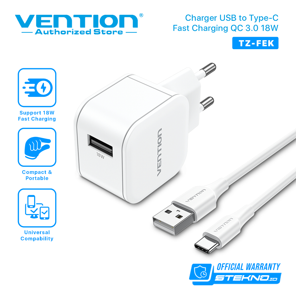 Vention USB Kepala Charger Adaptor Kabel Data USB to Type C Fast Charging Android QC 18W