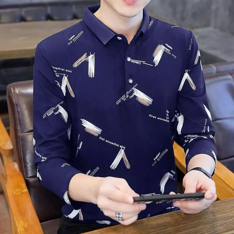 Kaos Pria Lengan Panjang Motif M L | Kaos Kerah | Atasan pria Lengan panjang | Kaos MYR MONO