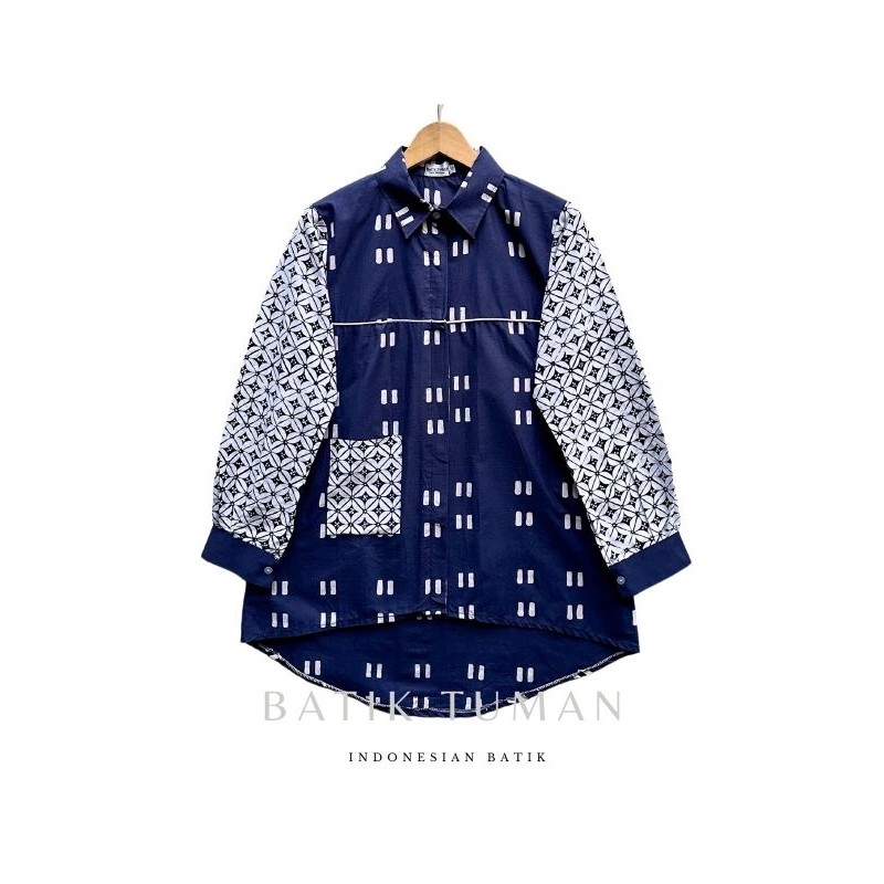 KAWUNG MILENA Blouse Kemeja Batik Kerja Kantor Wanita Warna Navy Biru Dongker White Bahan Batik Garu
