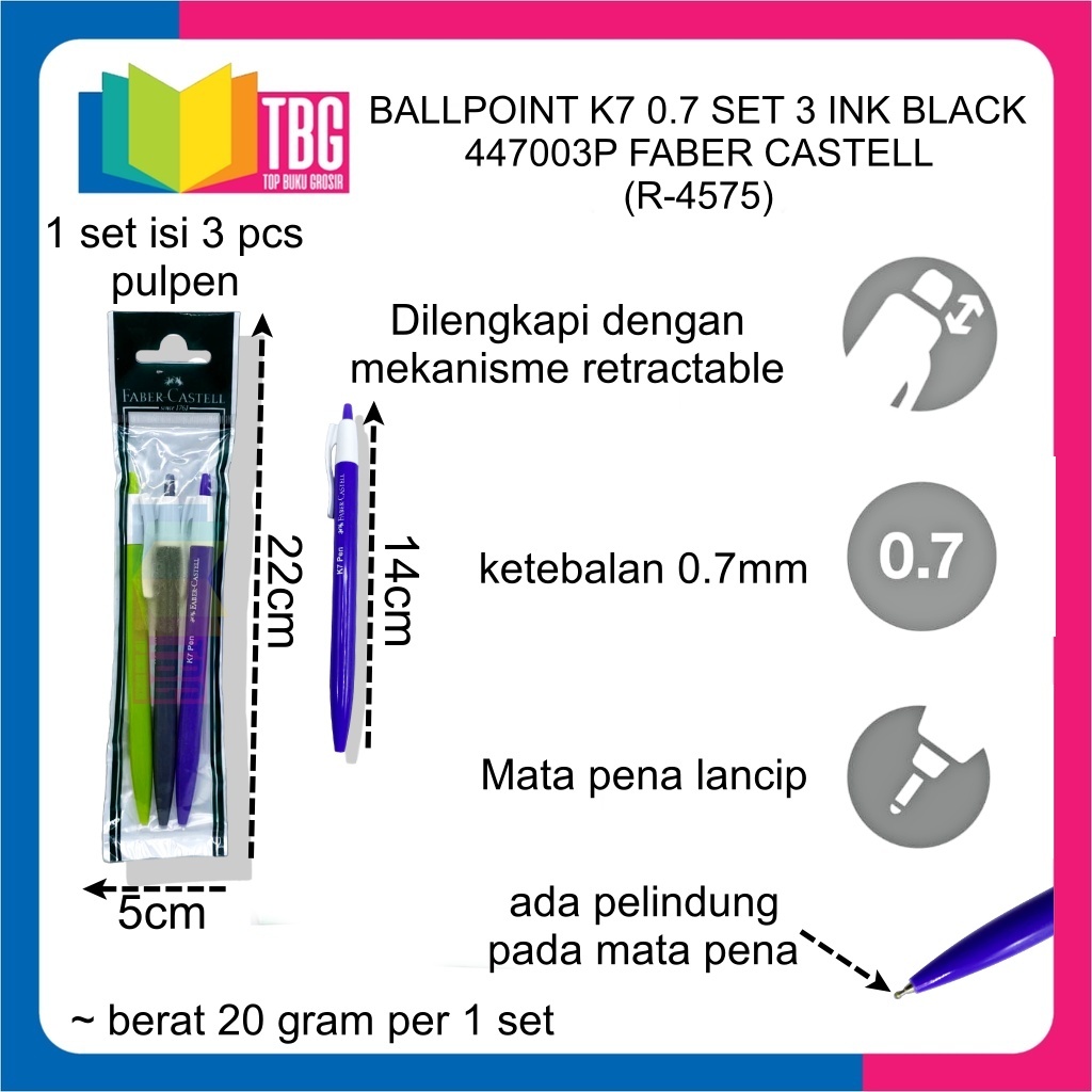 

1 SET BOLPEN K7 0.7 SET 3 INK BLACK 447003P FABER CASTELL PULPEN PENA BALLPOINT (R-4575)