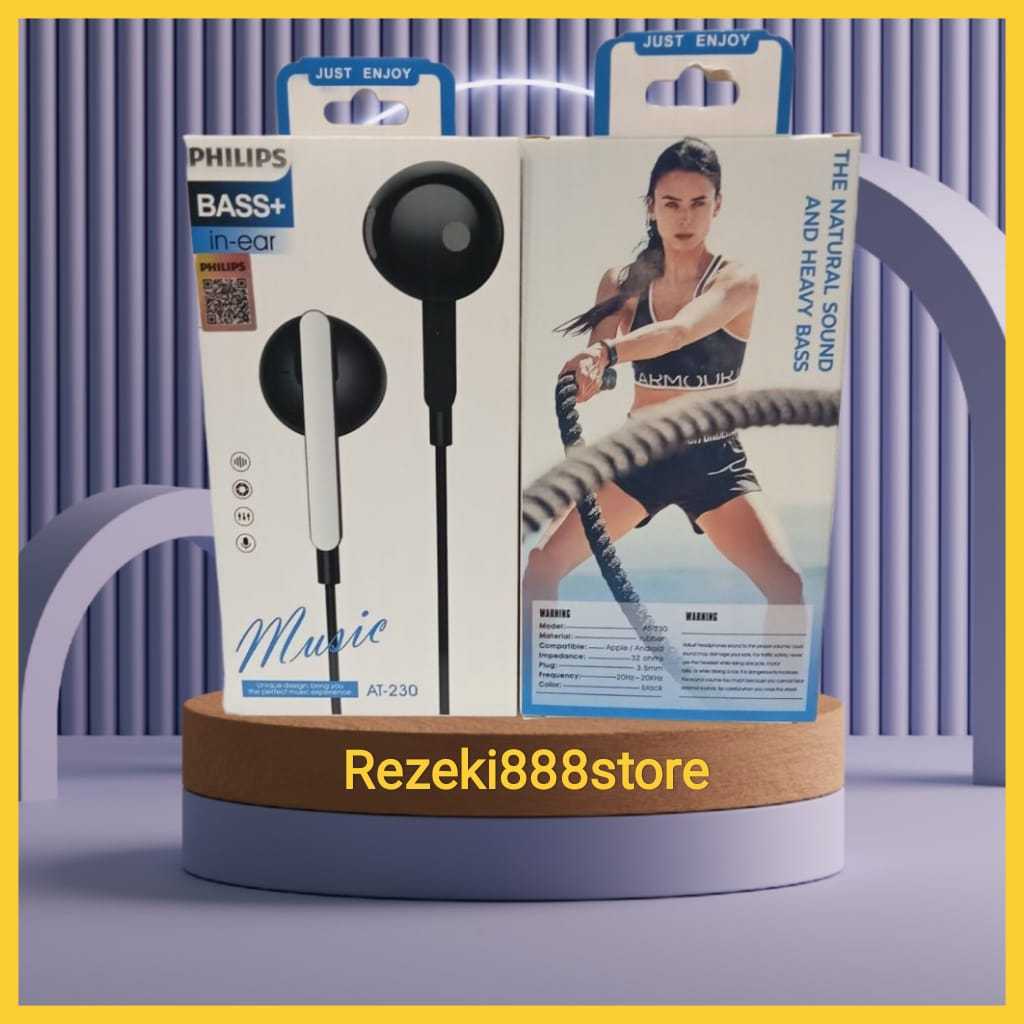 Headset Stereo Philips AT-230 Handsfree  Earphone  + mic Natural Sound & Heavy Bass AT230