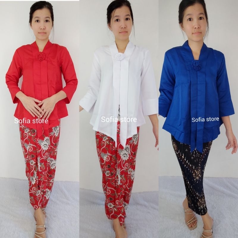 Atasan Kebaya Encim Polos Rikka Kebaya Kartini Moderen Warna Merah Putih Biru