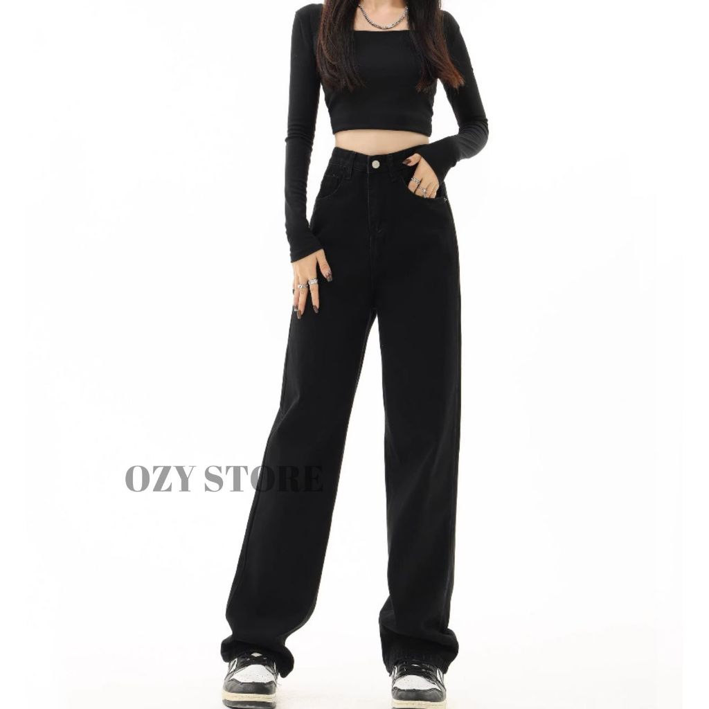Celana Jeans Wanita Highwaist Celana Jeans Hitam Loose Korea Style