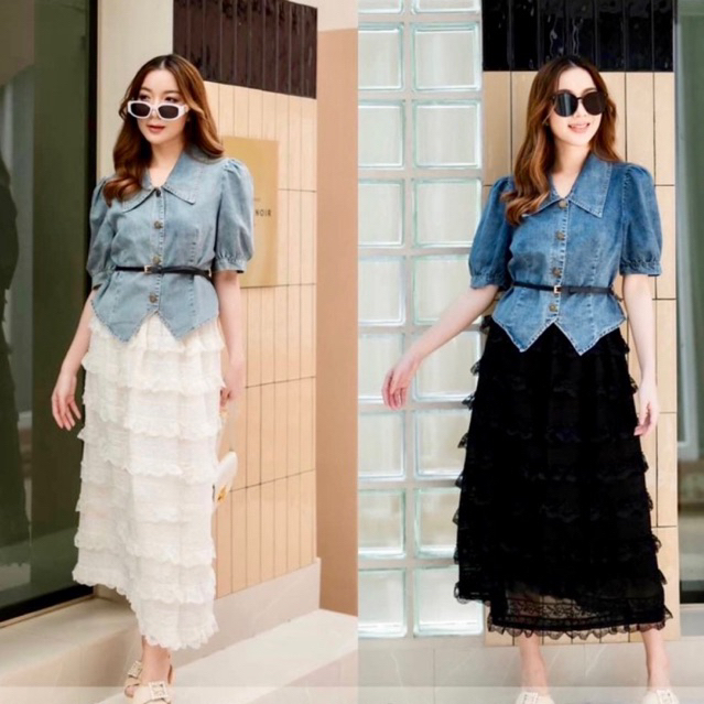 ONE SET ATASAN BLUS DENIM JEANS WANITA ROK TUTU MIDY WANITA KEKINIAN TERBARU KOREAN STYLE IMPORT PRE