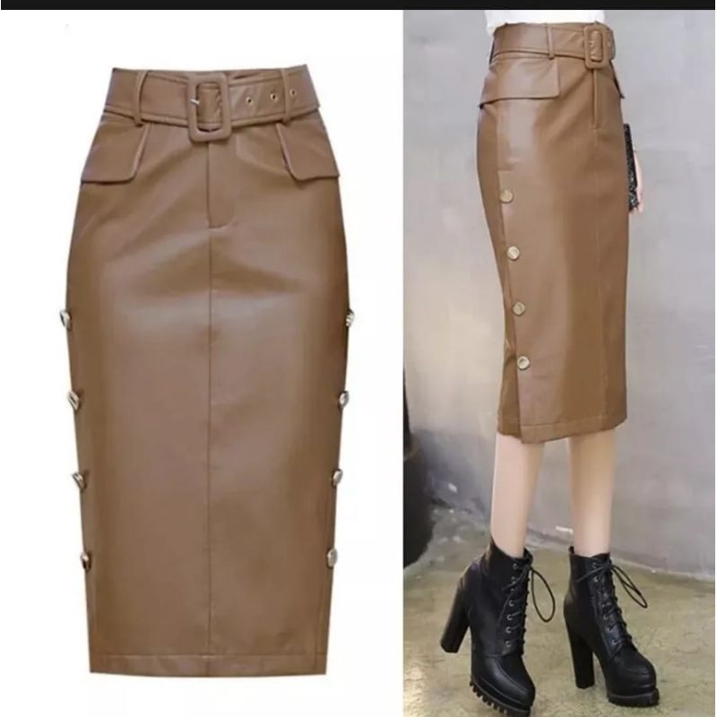 Rok wanita PU LEATHER bodycon pinggang tinggi Import