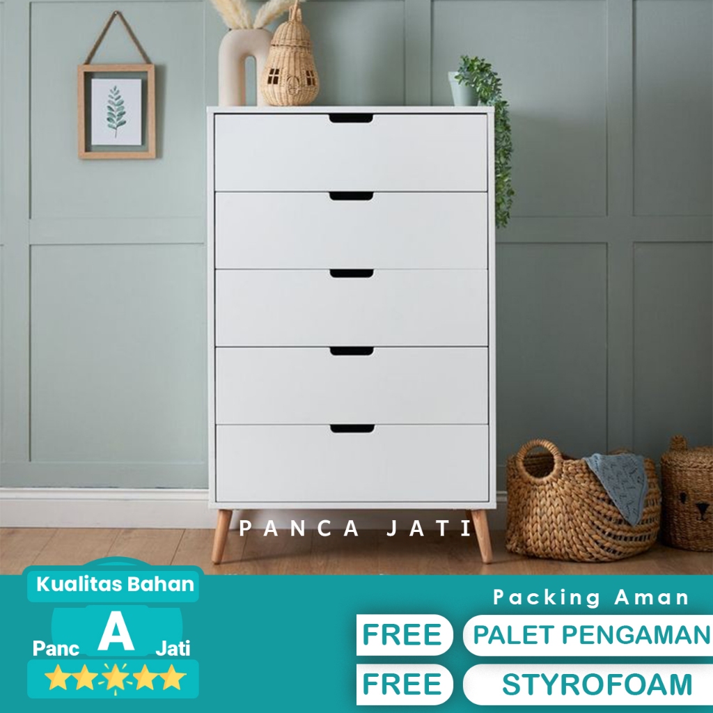 Drawer Pakaian Nakas Minimalis 5 Laci Warna Putih Kaki Kayu