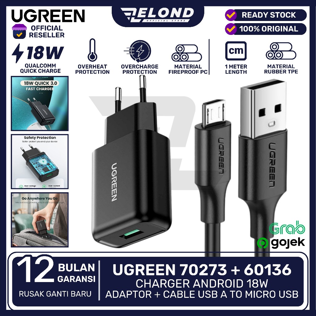 UGREEN Charger Android 18W Adaptor + Kabel Micro USB