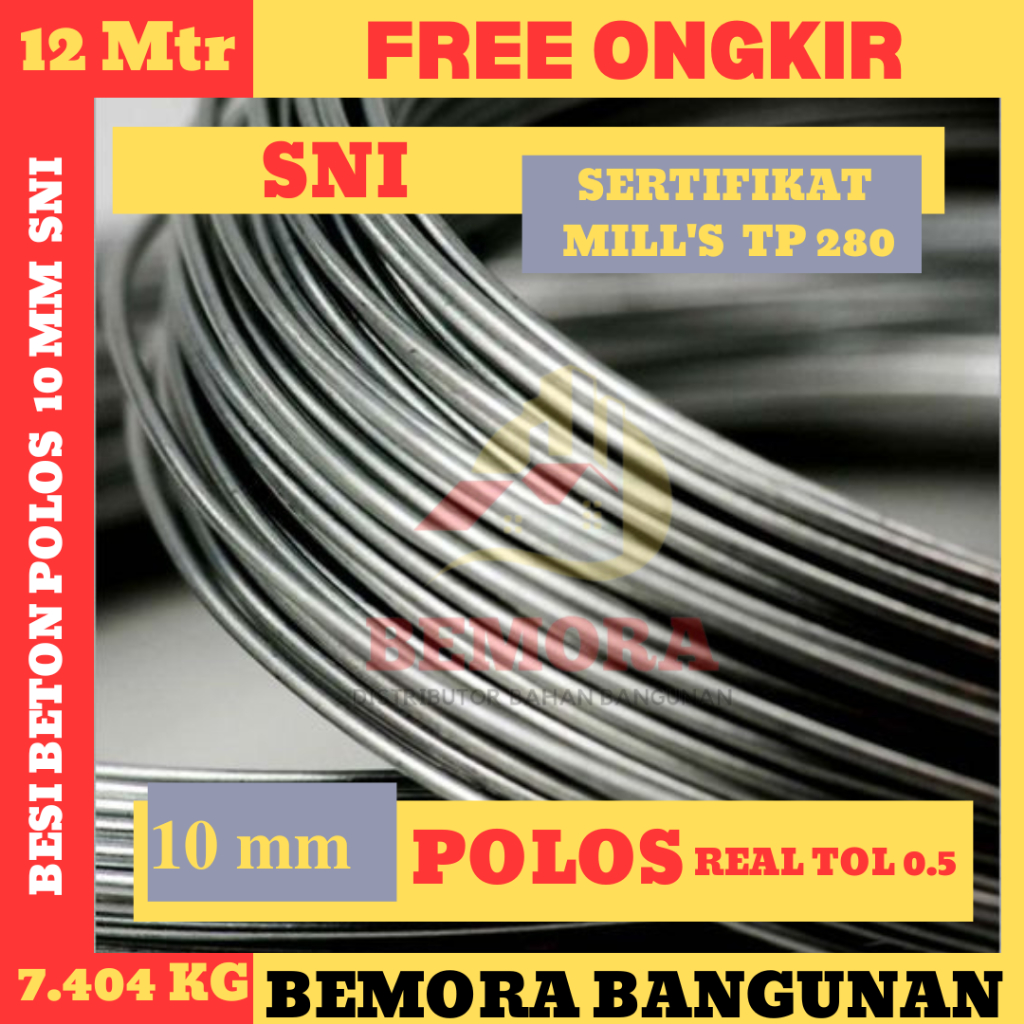 Besi 10 mm polos Full SNI Sertifikat 0.5 (Harga Grosir & Free Ongkir)