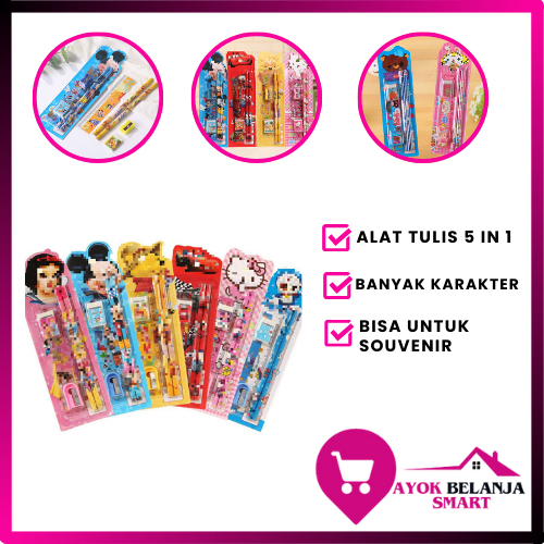 

ABS Stationery Set 5 in 1 Alat Tulis Anak Sekolah Penghapus penggaris Pensil Serutan Karakter Lucu