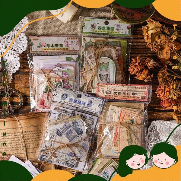 

1 set isi 100 pcs innocence deco paper vintage retro jurnal DIY scrapbook kertas hias estetik HB1636