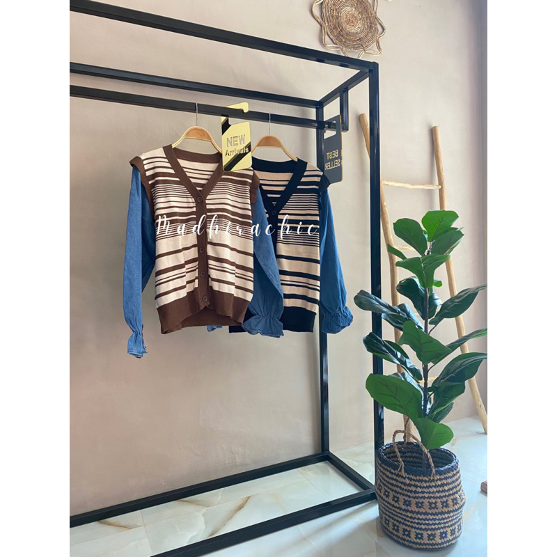 Kemeja knit mix jeans import Wanita