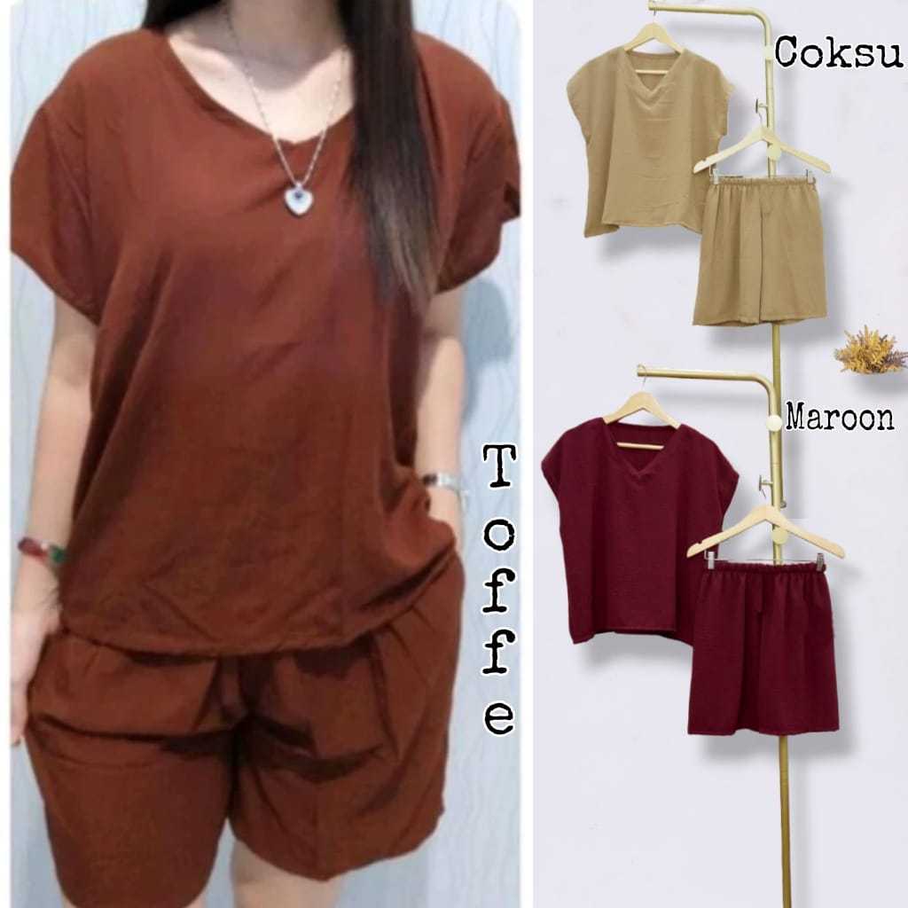 Setelan Polos Wanita Celana Pendek Cewek Kekinian Warna Coklat  Maroon Toffee 23626