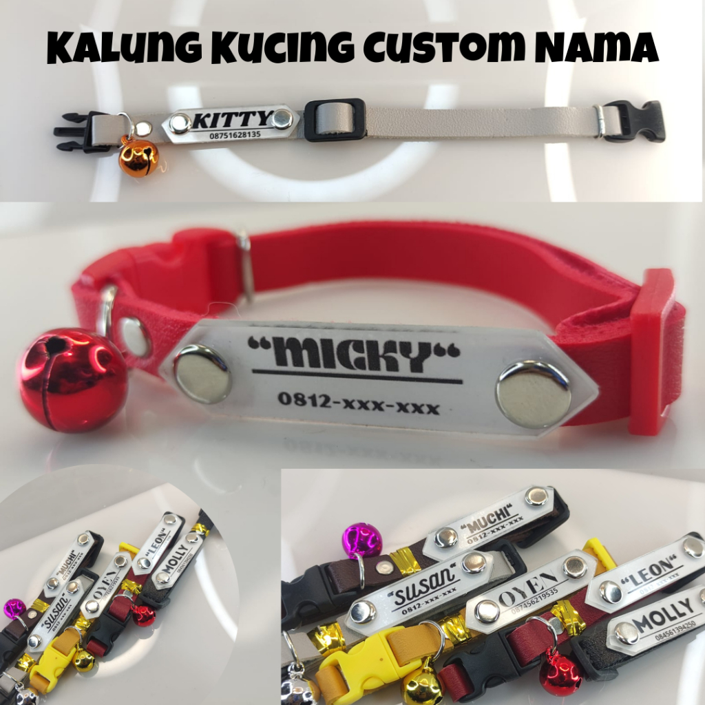 Kalung Kucing Custom Nama Lonceng Besar liontin Akrilik Bahan Kulit Sintetis Kualitas Premium