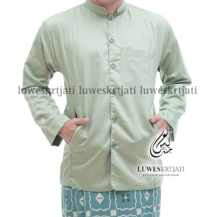 BAJU KOKO LUWES SEMI JAS WARNA SAGE GREEN SAKU BORDIR TROMPAH KOKO POLOS koko habaib koko Taqwa koko