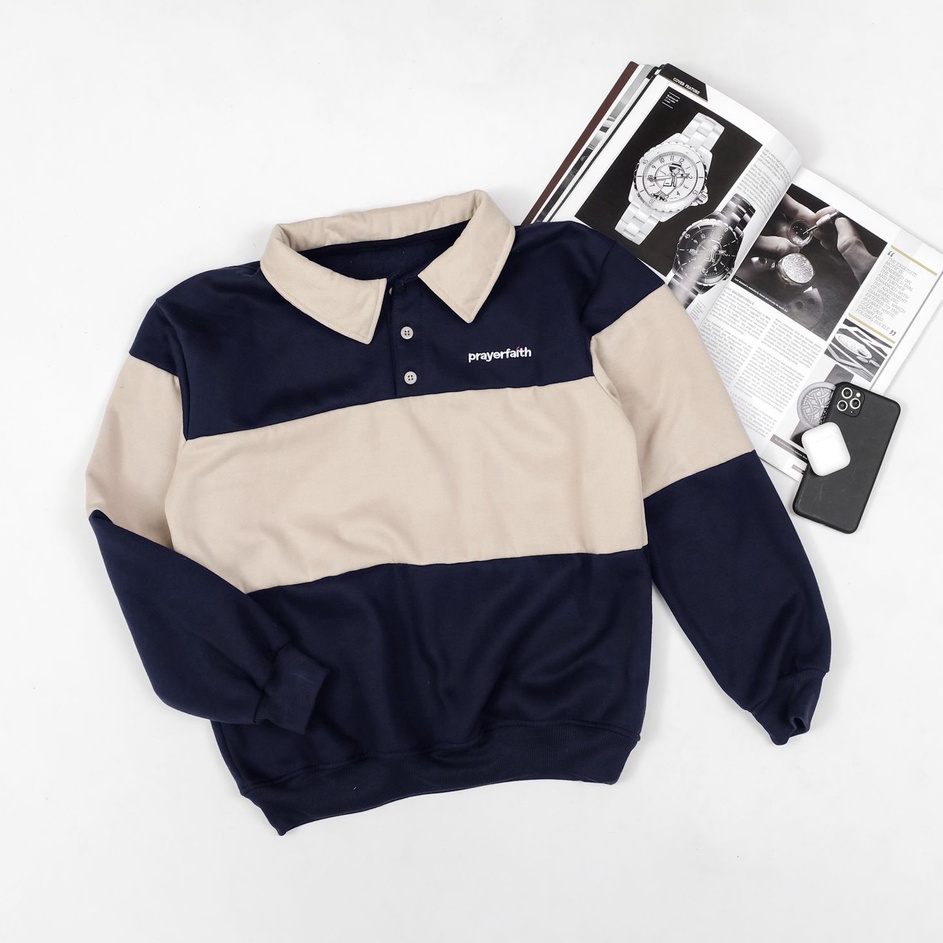 Pasti Laku6n1Mb PRAYERFAITH  Crewneck combinasi colour cream navy matt fleece