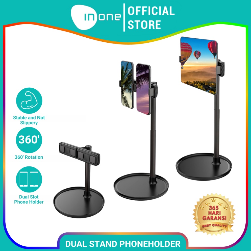 Special Edition INONE Phone Holder Stand Dual Slot Rotasi 36 Derajat untuk Handphone dan Tablet PREM