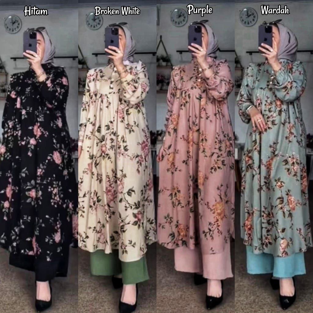 SETELAN MIDI KATUN DELVINA MIX PANTS / ONESET SETELAN TUNIK RAYON PREMIUM MOTIF BUNGA / ONESET LONG 