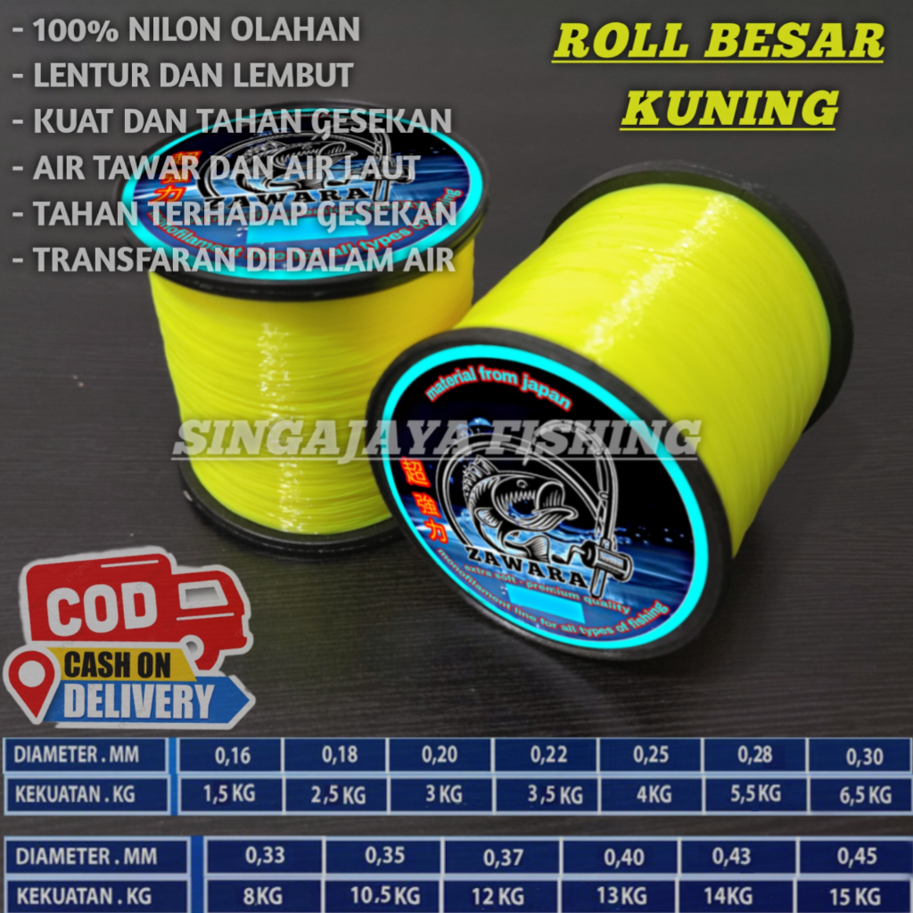 Senar pancing ZAWARA kecil super kuat anti keriting bahan nilon olahan mudah tenggelam warna KUNING