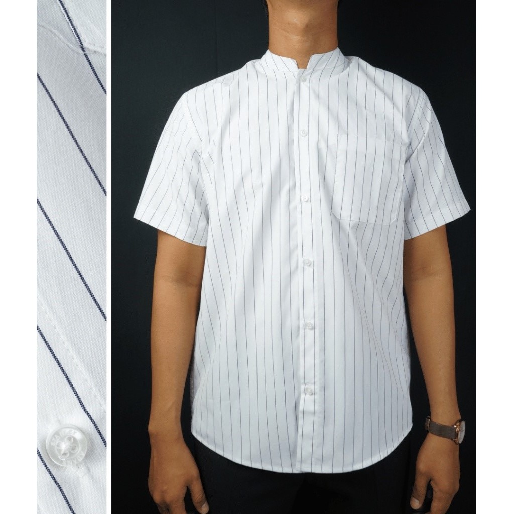 Kemeja Stanley Adams Pria Shanghai Collar Lengan Pendek Putih Motif Salur | Shanghai Shirt | Basic |