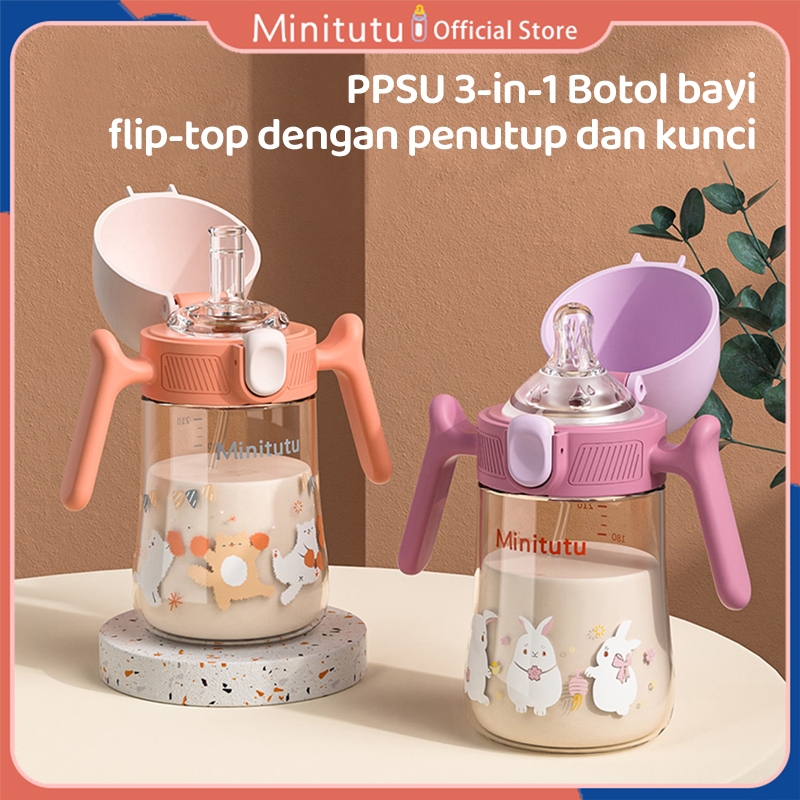Minitutu 300ML/240ML botol minum bayi botol susu anak 1 tahun Botol Susu Bayi Bahan PP/PPSU 3IN1 leh