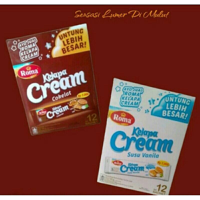 

Roma Kelapa Cream 1Box Isi 12 Sachet x 40Gr Rasa Vanila dan Coklat