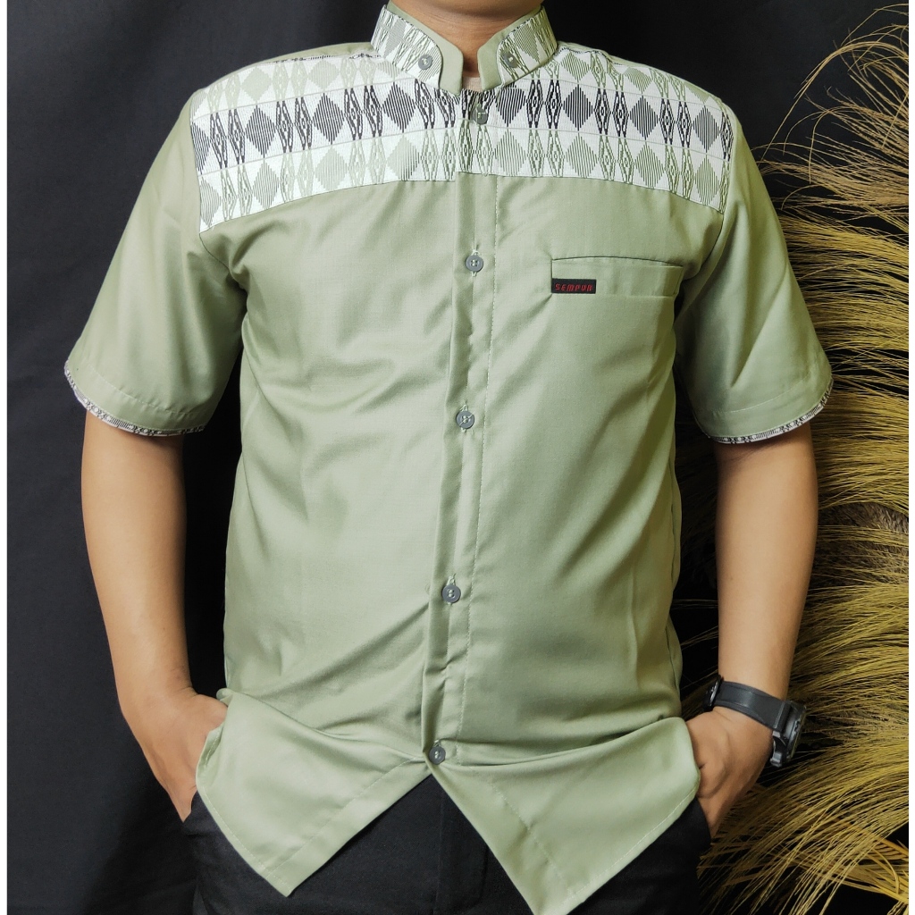 Baju koko pria dewasa lengan pendek/Koko kurta lengan pendek/Fashion muslim pria terbaru warna sage 