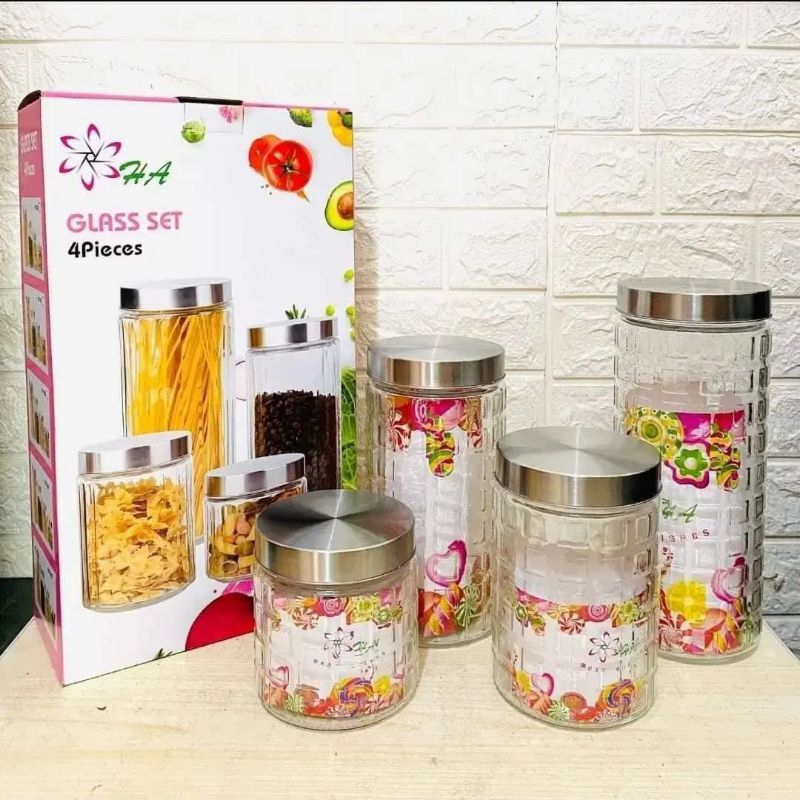 (PROMO) Toples Kaca Set 4in1 / Toples Kaca Diamond / Toples Kue Lebaran / Toples Kaca Kristal 4Pcs K