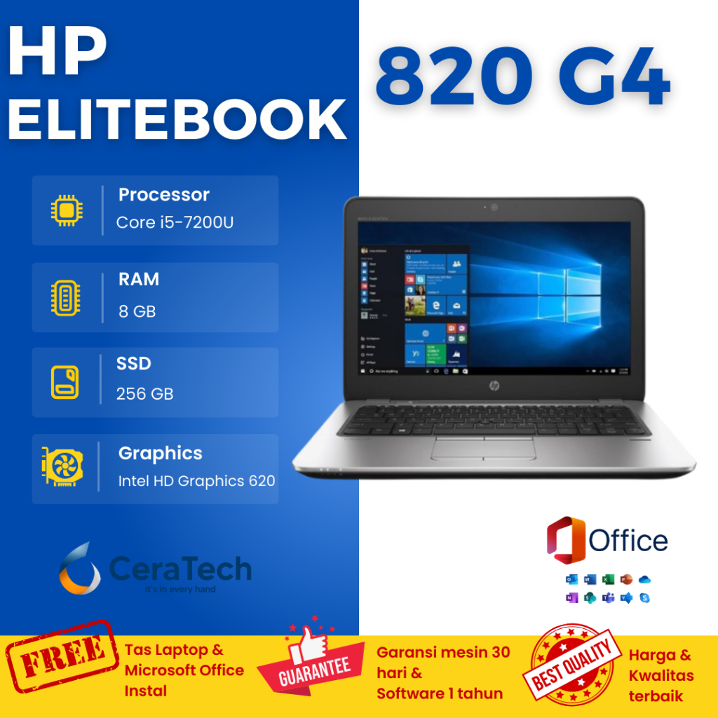 LAPTOP HP ELITEBOOK 820 G4 - CORE i5 GEN7 RAM 8GB SSD 256GB - SECOND GARANSI