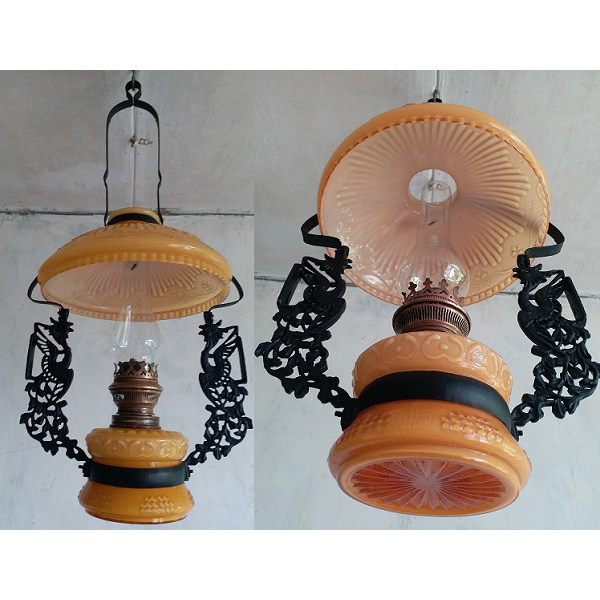 Vintage lampu minyak gantung ornamen ayam MERAK GELAS KUNING