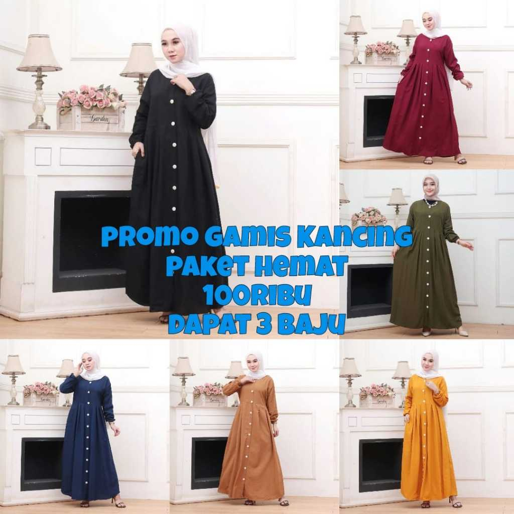 PROMO PAKET HEMAT 100 RIBU 3 PCS GAMIS FULL KANCING DEPAN TERBARU STOK TERBATAS