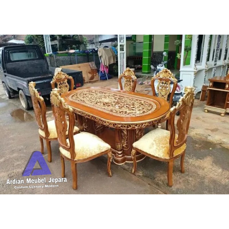 Meja makan jati ukir kursi 6 + kaca