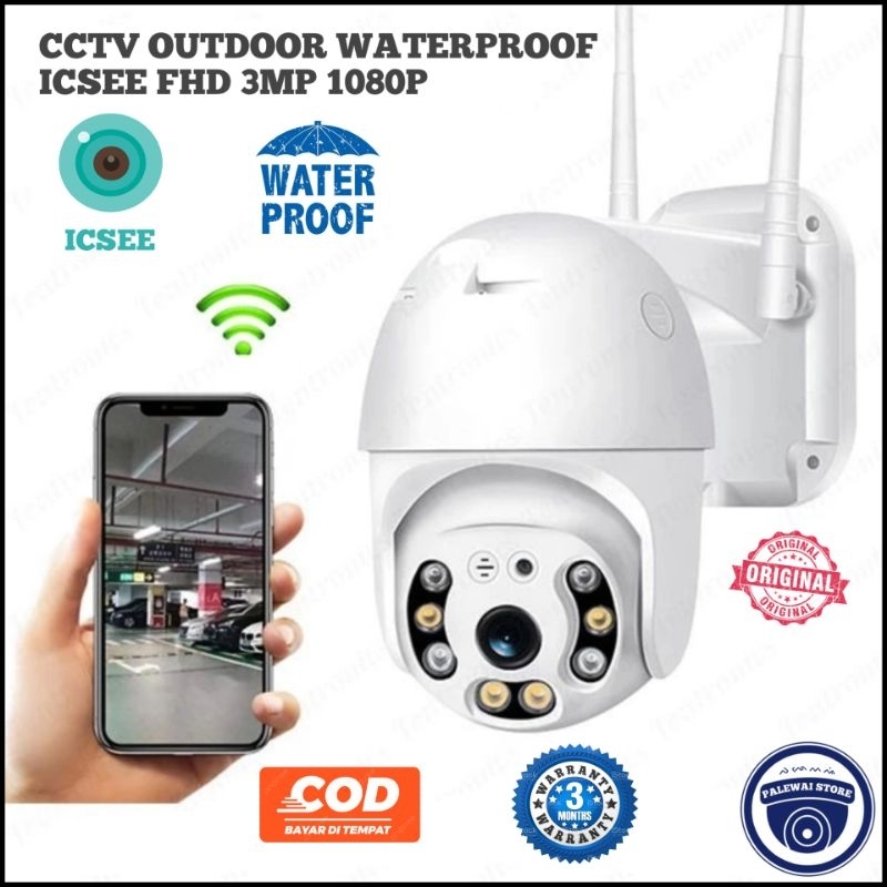 Cctv outdoor anti air icsee/eyesec FHD 3MP 1080p konek ke hp berputar rekam suara Inframerah