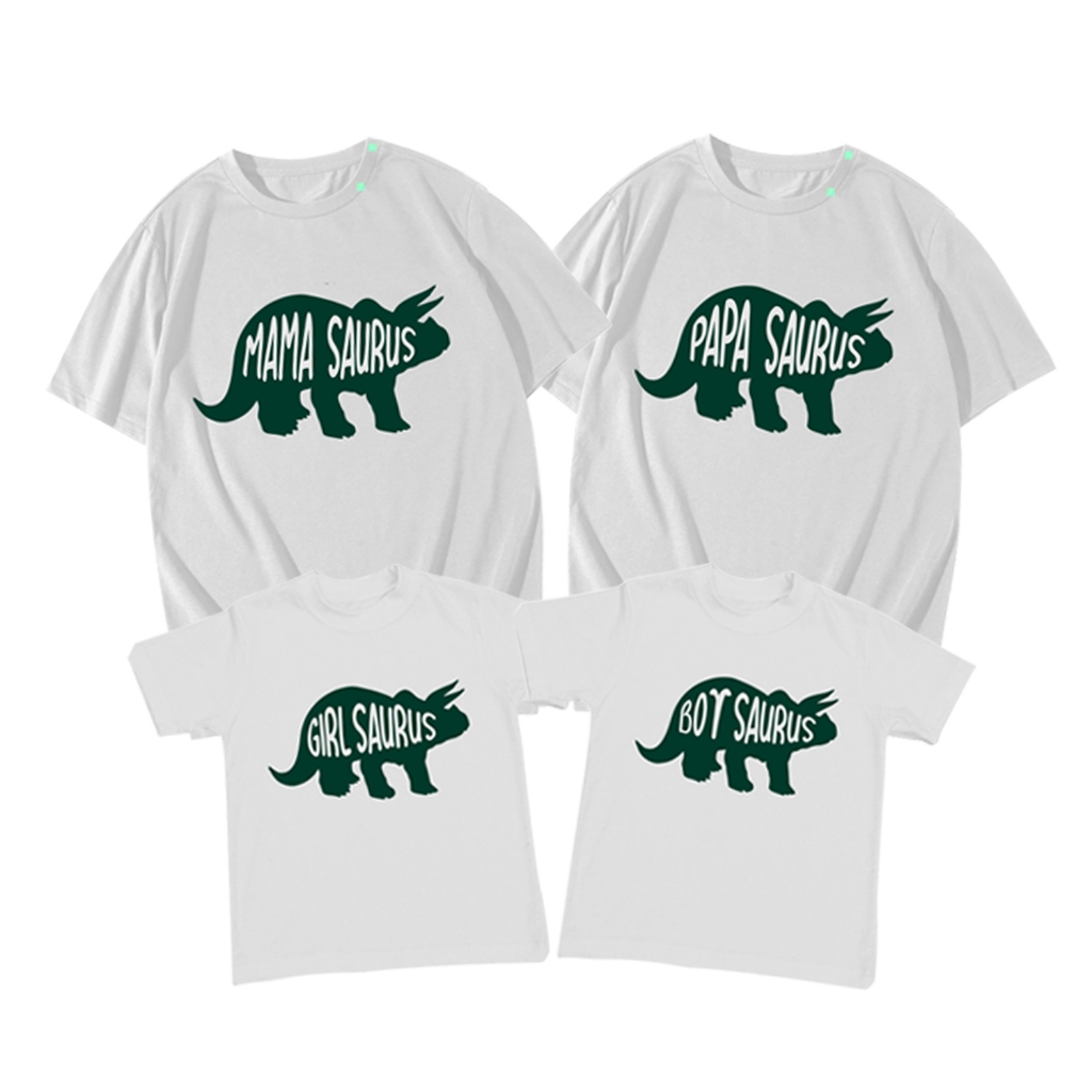 Kaos couple family baju seragam keluarga gambar dino warna putih pendek mama saurus papa girl boy