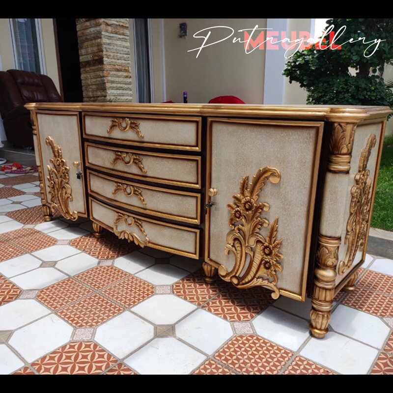 Bufet Meja TV Ukir Kiansantang Full Kayu Jati Jepara Finishing Corak Marmer