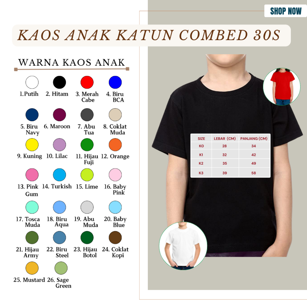 Kaos Katun 30s Anak 100% katun combed 30s