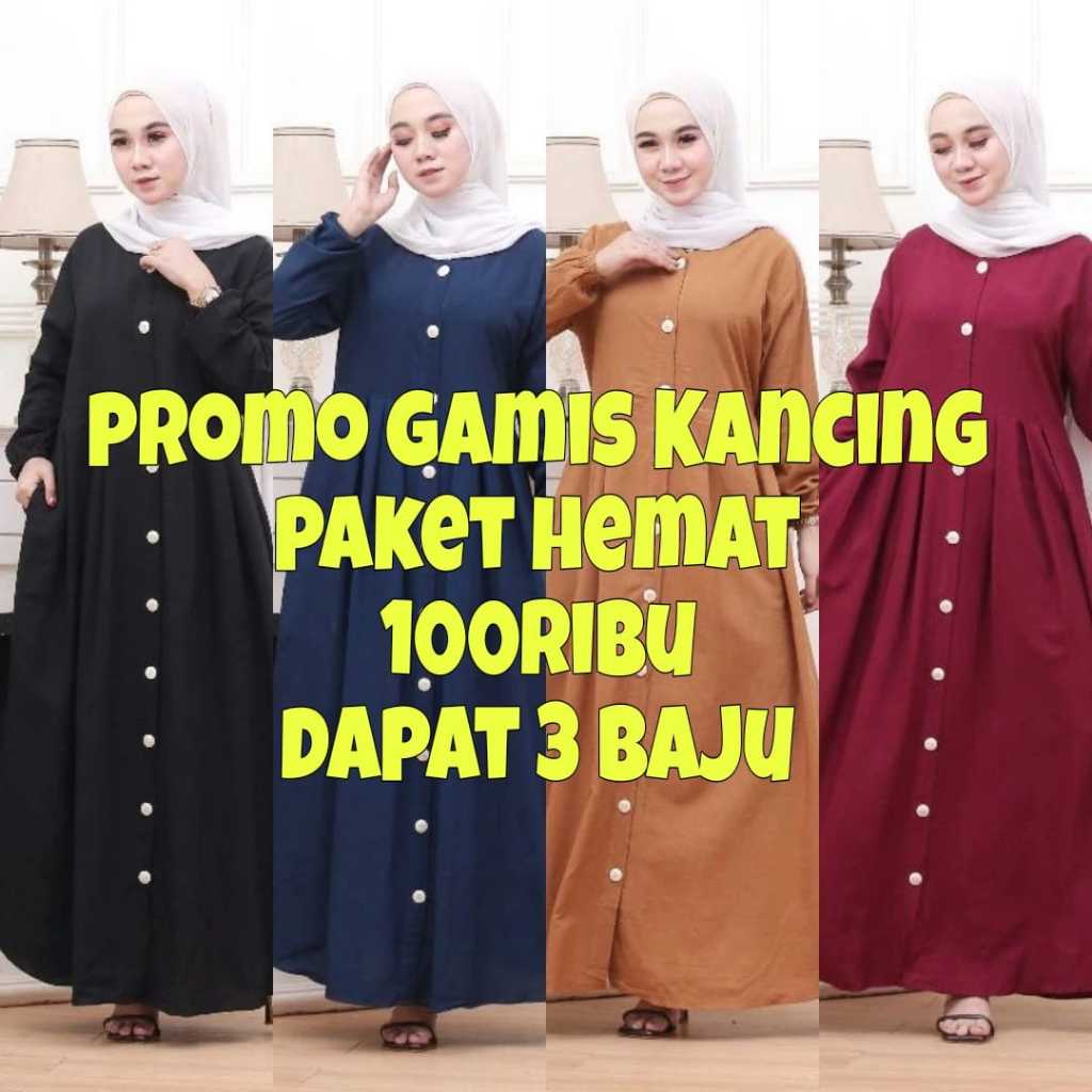 PROMO PAKET HEMAT 100 RIBU 3PCS GAMIS FULL KANCING DEPAN TERBARU STOK TERBATAS