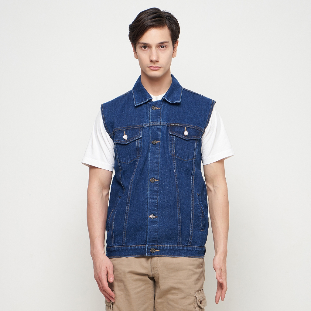 New_BOSSE Vest Denim Biowash - Jaket Rompi Denim Pria Biru Tua