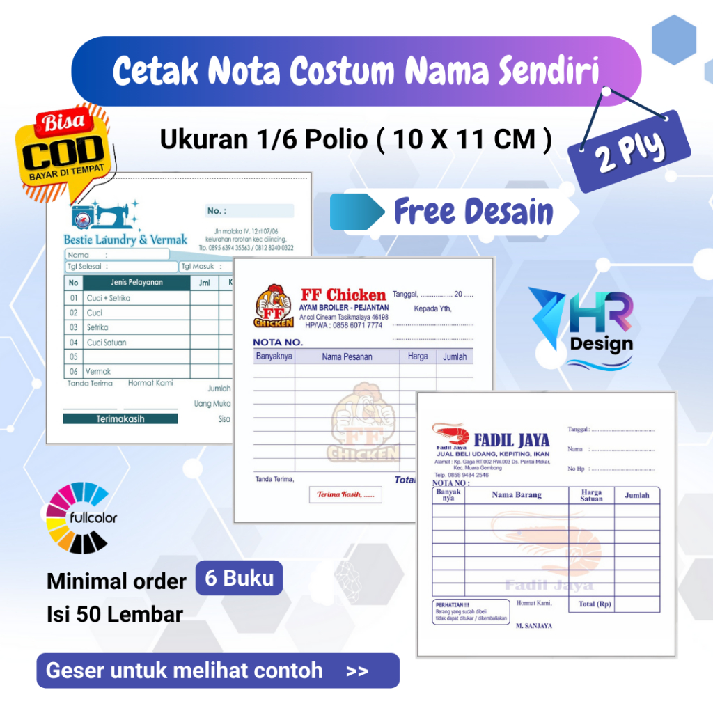 

[ LAGI PROMO ] Cetak Nota Costum Ukuran 1/6 Nota Olshop Nama Toko Sendiri Min Order 6 Buku Full Color HVS isi 50 Lembar
