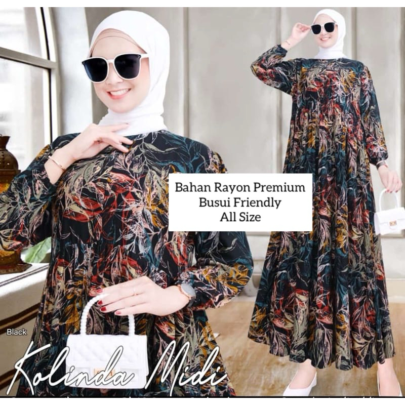 MIDI DRESS WANITA RAYON  / GAMIS RAYON ADEM BUMIL BUSUI FRIENDLY JUMBO-Kolinda Hitam