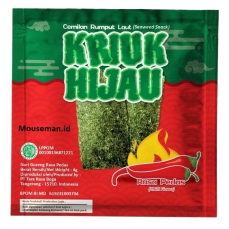 

KRIUK HIJAU CAMILAN RUMPUT LAUT RASA PEDAS 1 BOX ISI 12 SACHET