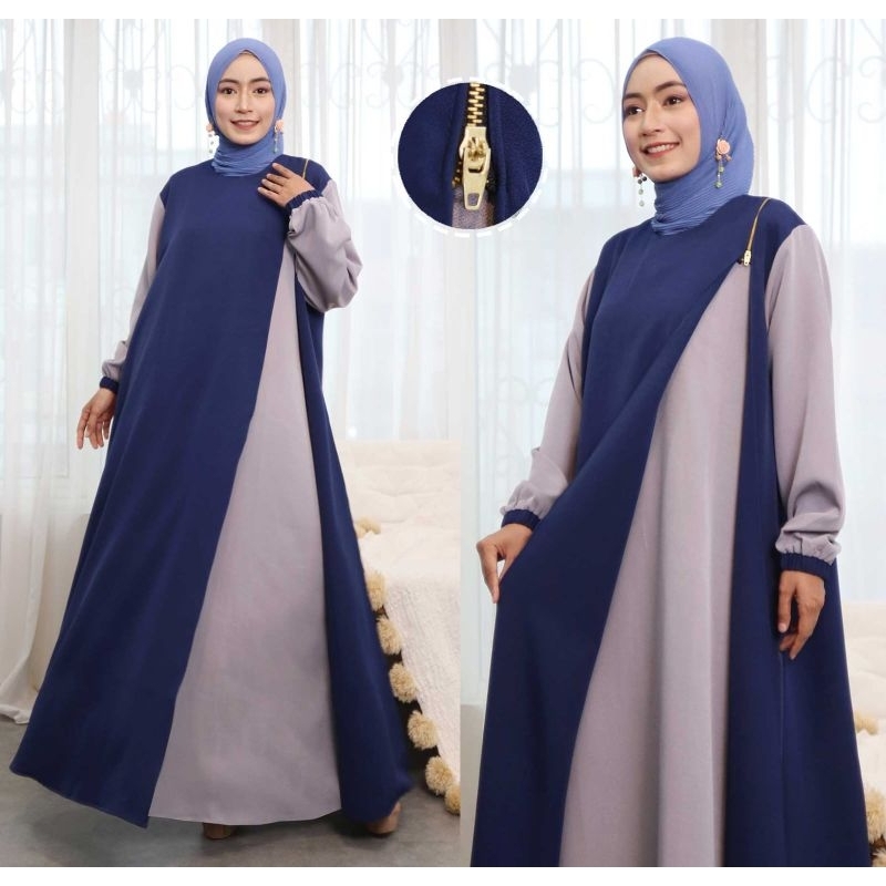 Azwa Maxi Hijab Navy Fashion Muslim Gamis Wanita Casual Dress Dress Kondangan OOTD Baju