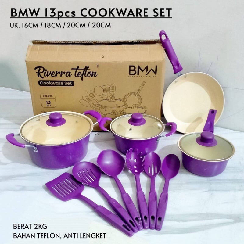 Panci Set  Teflon Marble 13 pcs Cookware Set Tutup Kaca