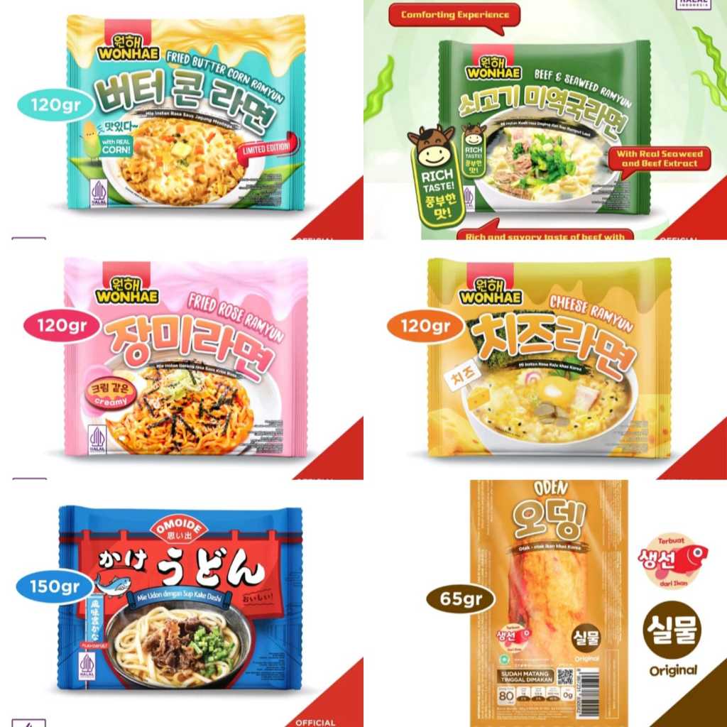 

Mujigae by Wonhae Butter Corn Ramyun / Wonhae Beef Seaweed Ramyun / Wonhae Fried Rose Ramyun / Wonhae Cheese Ramyun / Mie Udon / Wonhae Oden