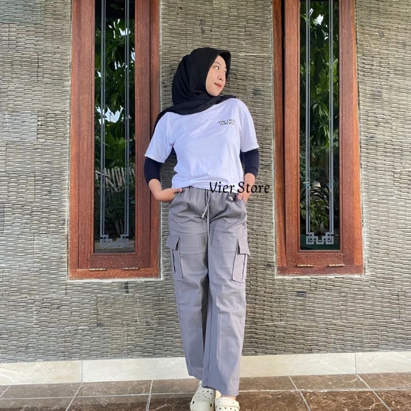 Celana Cargo Wanita Katun Twill Combed Stretch - Celana Kulot Wanita Panjang Melar