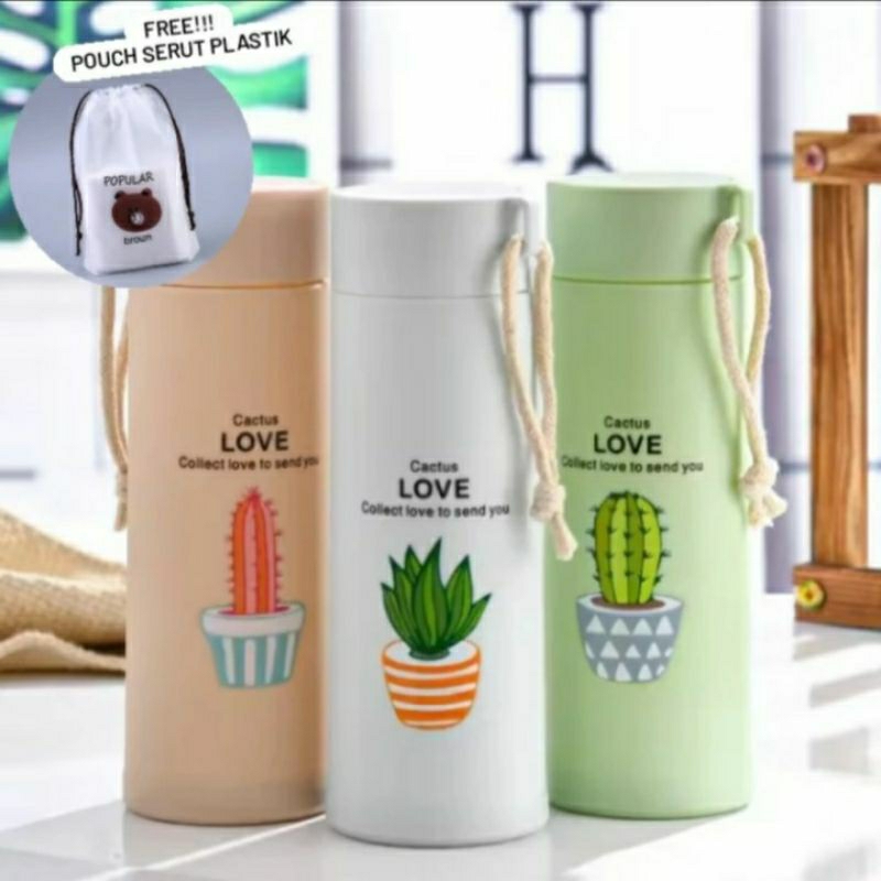 (Promo) Botol Minum Kaca Motif Kaktus / Tumblr Kaktus / Termos Kaktus 450ml