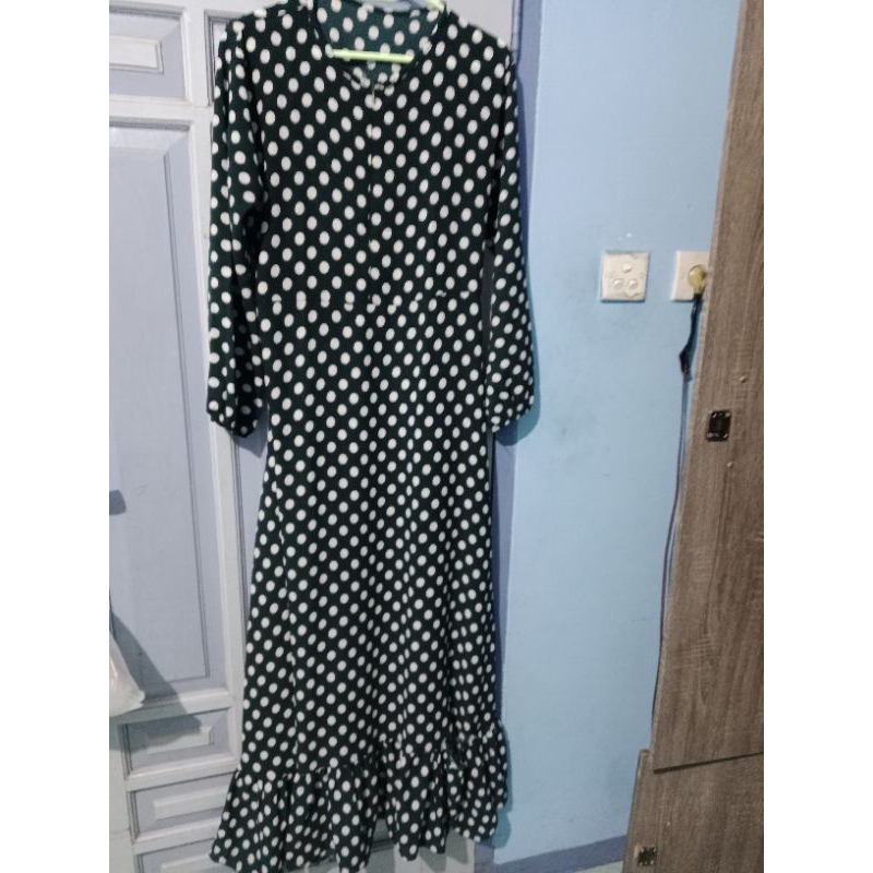 gamis polkadot hijau botol