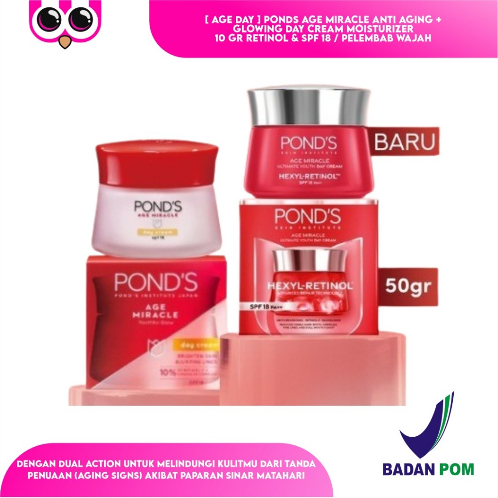 [ AGE DAY ] PONDS AGE MIRACLE ANTI AGING + GLOWING DAY CREAM MOISTURIZER 10 GR RETINOL & SPF 18 / PE