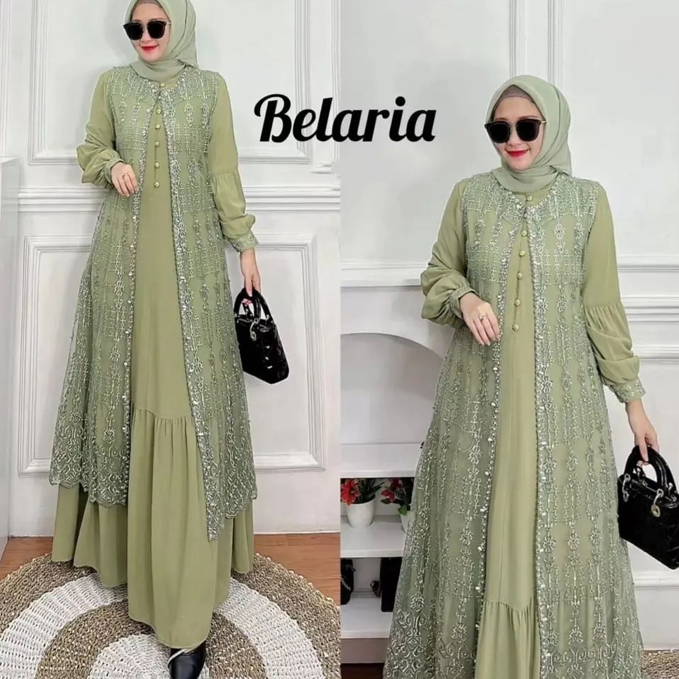 New id2i2Hw Belaria Dress  Gamis Ceruty Baby Doll Mix Brukat Aplikasi Mutiara Warna Sage Premium  Ba